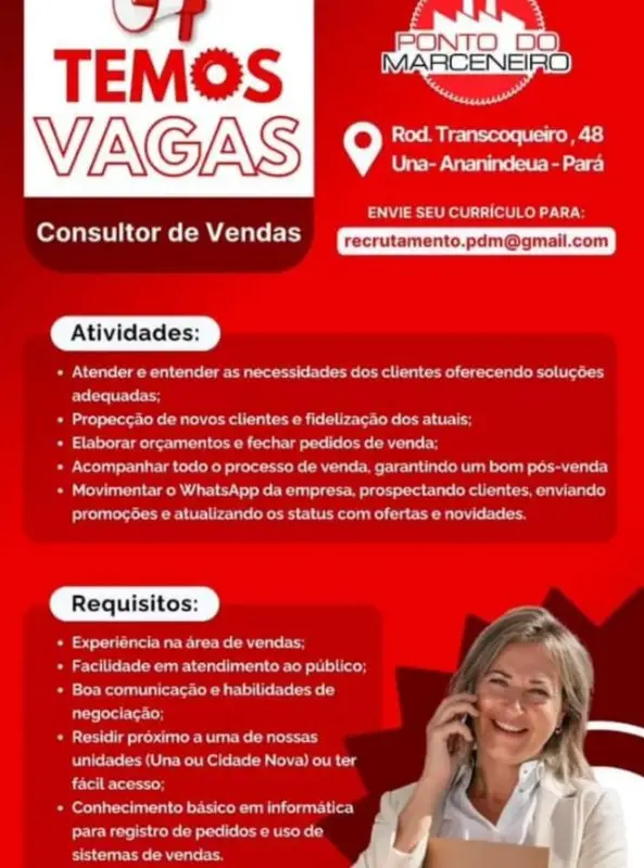 1 Vaga de emprego para Consultor De Vendas na empresa PONTO DO MARCENEIRO em 06/09