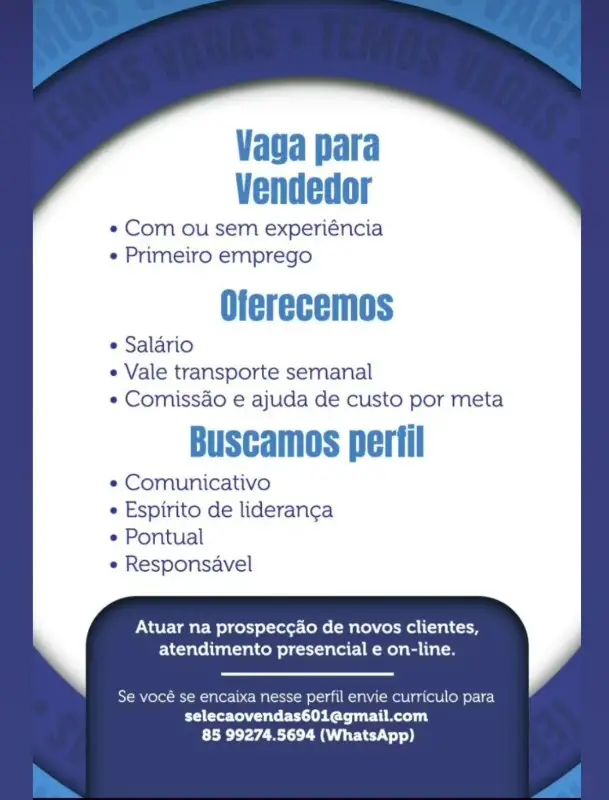 1 Vaga de emprego para Vendedor sem experiência na empresa Alfa em 10/09