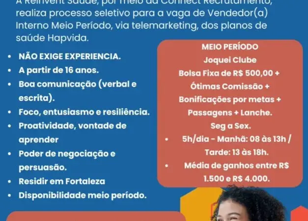 1 Vaga de emprego para Venedor Interno sem experiência na empresa HapVida em 12/09