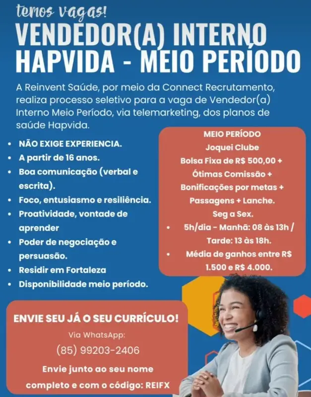 1 Vaga de emprego para Venedor Interno sem experiência na empresa HapVida em 12/09