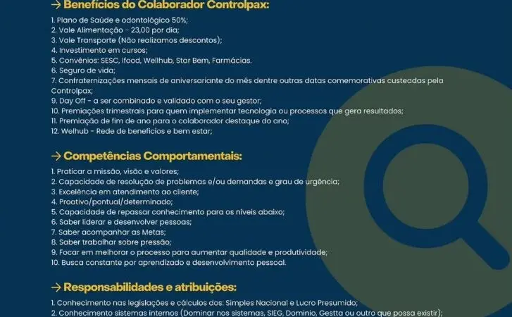 1 Vaga de emprego para Assistente De Departamento Fiscal na empresa ControlPax em 08/09