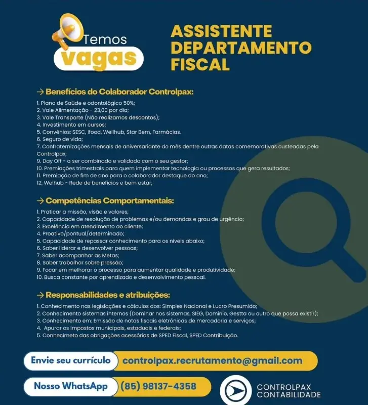 1 Vaga de emprego para Assistente De Departamento Fiscal na empresa ControlPax em 08/09