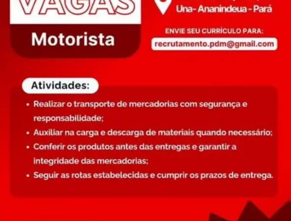 1 Vaga de emprego para Motorista na empresa PONTO DO MARCENEIRO em 06/09