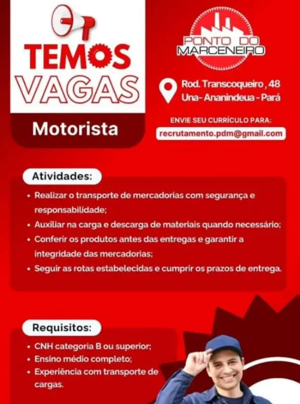 1 Vaga de emprego para Motorista na empresa PONTO DO MARCENEIRO em 06/09