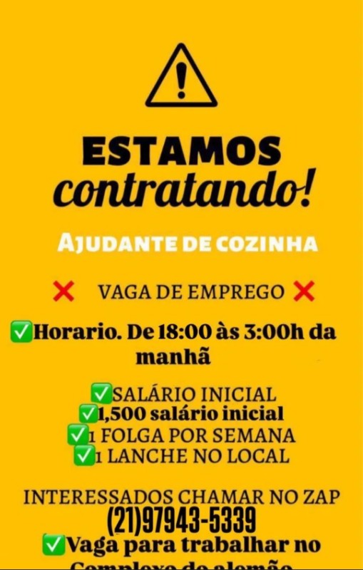 1 Vaga de emprego para Ajudante De Cozinha na empresa Complexo do Alemão em 23/09