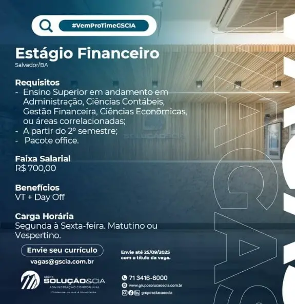 1 Vaga de emprego para Estágio Financeiro na empresa Grupo Solução e Cia em 06/09