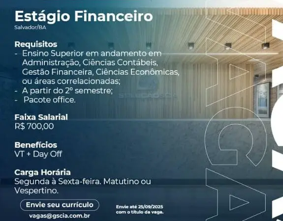 1 Vaga de emprego para Estágio Financeiro na empresa Grupo Solução e Cia em 06/09