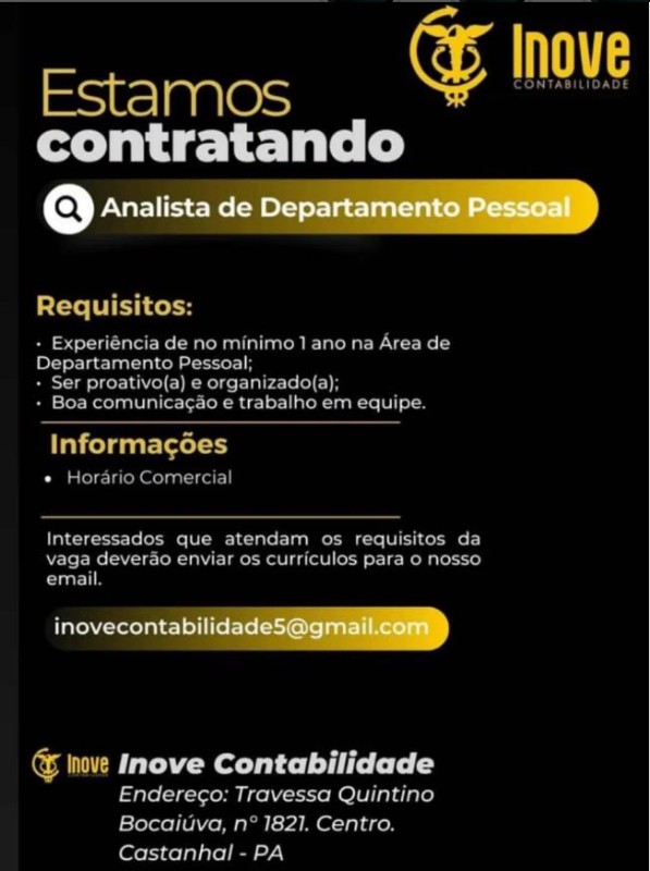 1 Vaga de emprego para Analista De Departamento Pessoal na empresa INOVE em 17/09