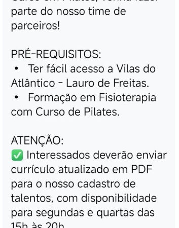 1 Vaga de emprego para Fisioterapia no Bairro Lauro de Freitas em 06/09