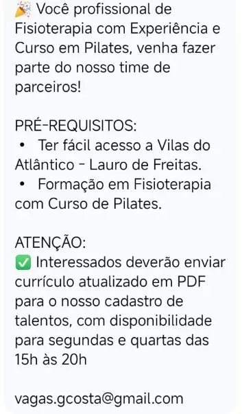 1 Vaga de emprego para Fisioterapia no Bairro Lauro de Freitas em 06/09