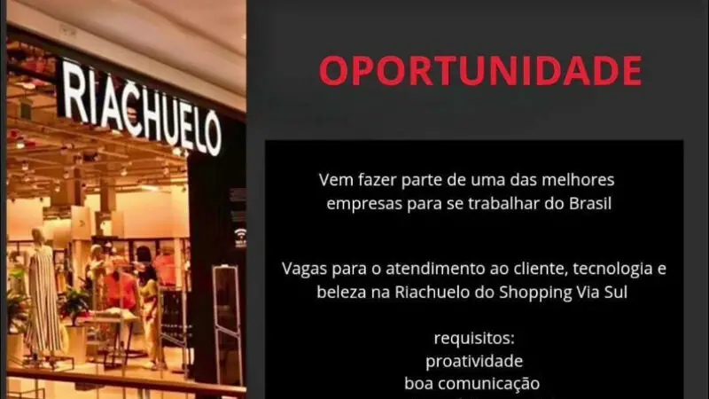 3 Vagas de emprego para Atendente, Auxiliar De Tecnologia, Auxiliar De Beleza na empresa Riachuelo em 10/09