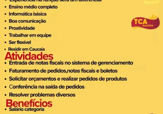 1 Vaga de emprego para Assistente Administrativo na empresa TCA Rações em 12/09