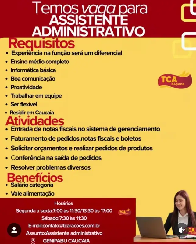 1 Vaga de emprego para Assistente Administrativo na empresa TCA Rações em 12/09