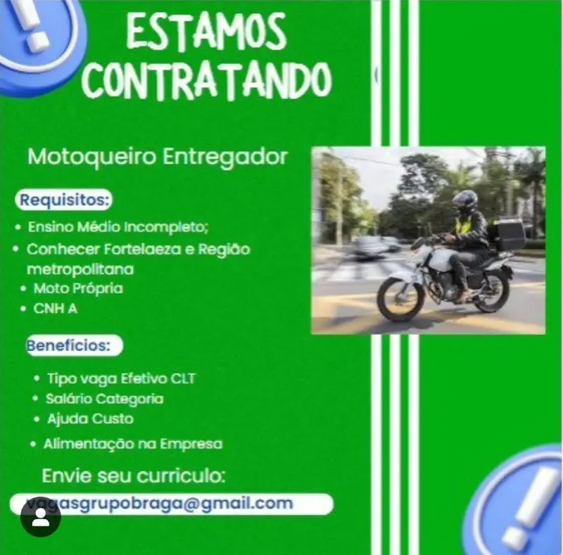 1 Vaga de emprego para Motoqueiro Entregador na empresa Grup Braga em 08/09