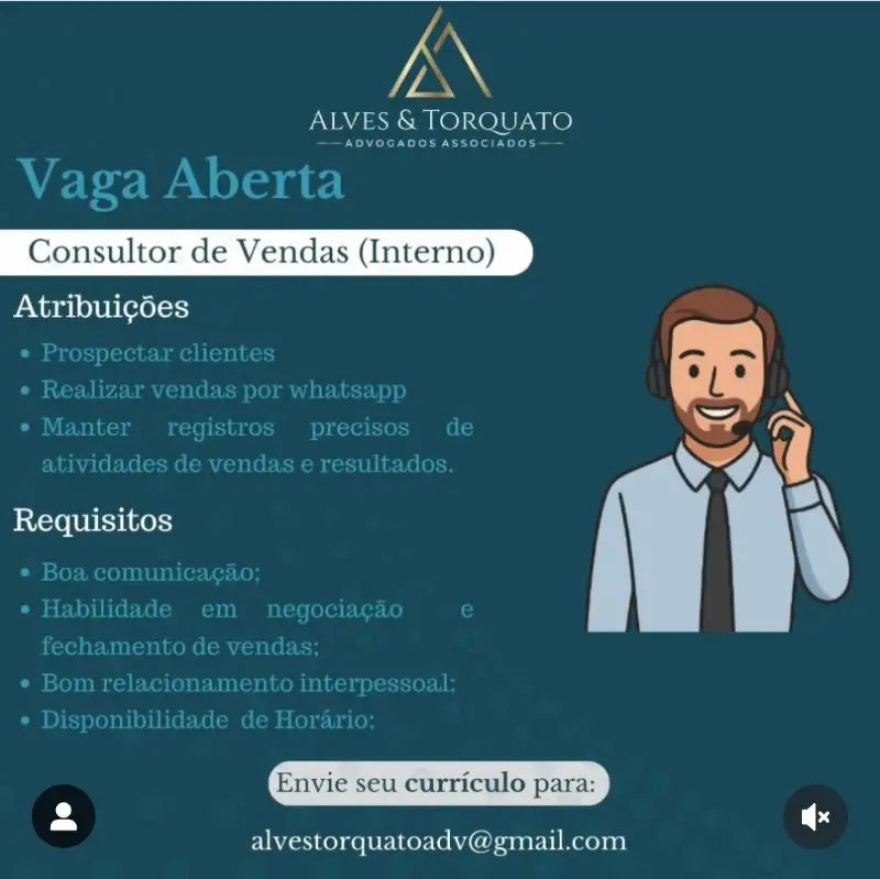 1 Vaga de emprego para Consultor De Vendas na empresa Grupo Alves e Torquato em 10/09