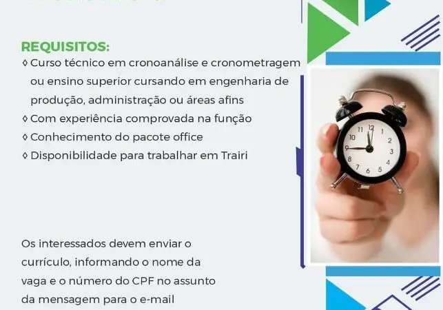 1 Vaga de emprego para Cronoalista no segmento de engenharia de produção em 11/09