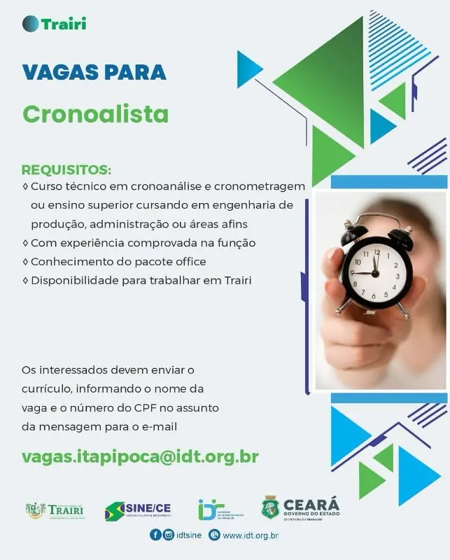 1 Vaga de emprego para Cronoalista no segmento de engenharia de produção em 11/09