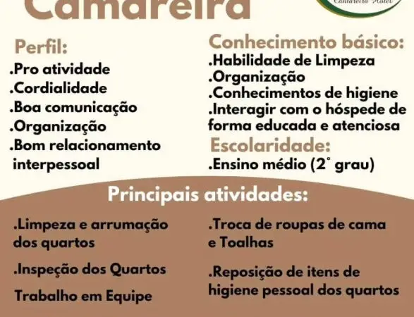 1 Vaga de emprego para Camareira na empresa Cantareira Hotel em 06/09