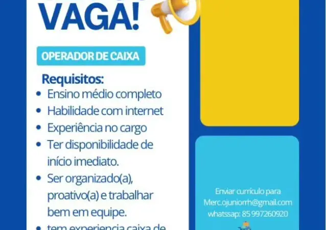 1 Vaga de emprego para Operador De Caixa na empresa Mercados Júnior em 08/09