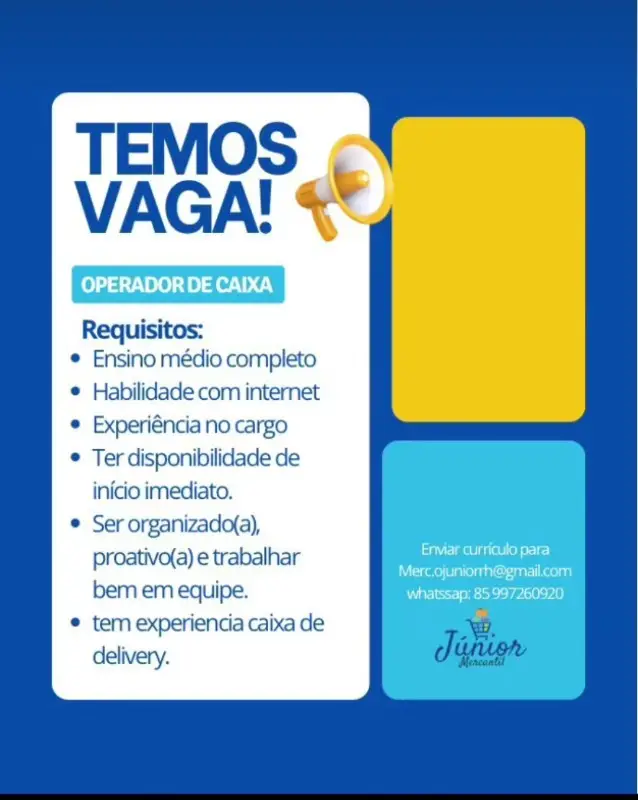 1 Vaga de emprego para Operador De Caixa na empresa Mercados Júnior em 08/09