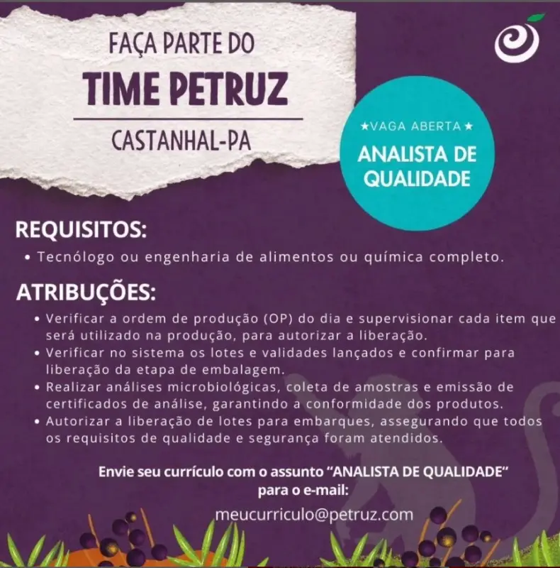 1 Vaga de emprego para Analista De Qualidade na empresa PETRUZ em 06/09