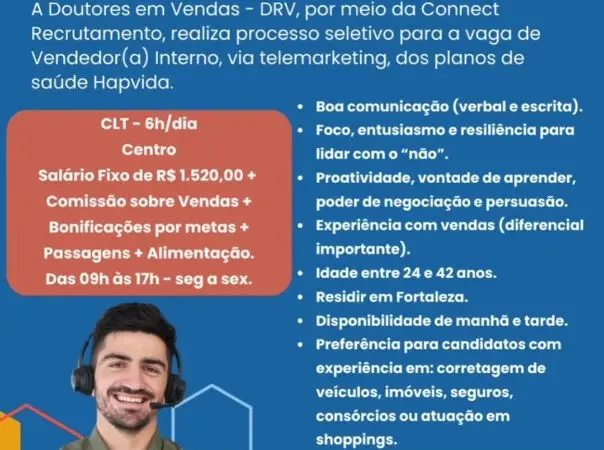 1 Vaga de emprego para Vendedor Interno na empresa HapVida em 10/09