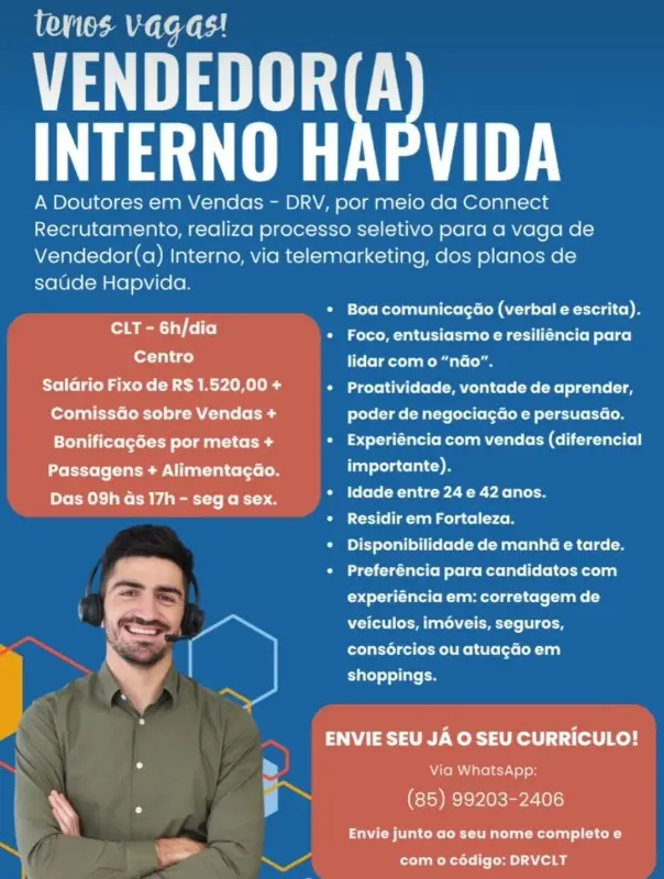1 Vaga de emprego para Vendedor Interno na empresa HapVida em 10/09