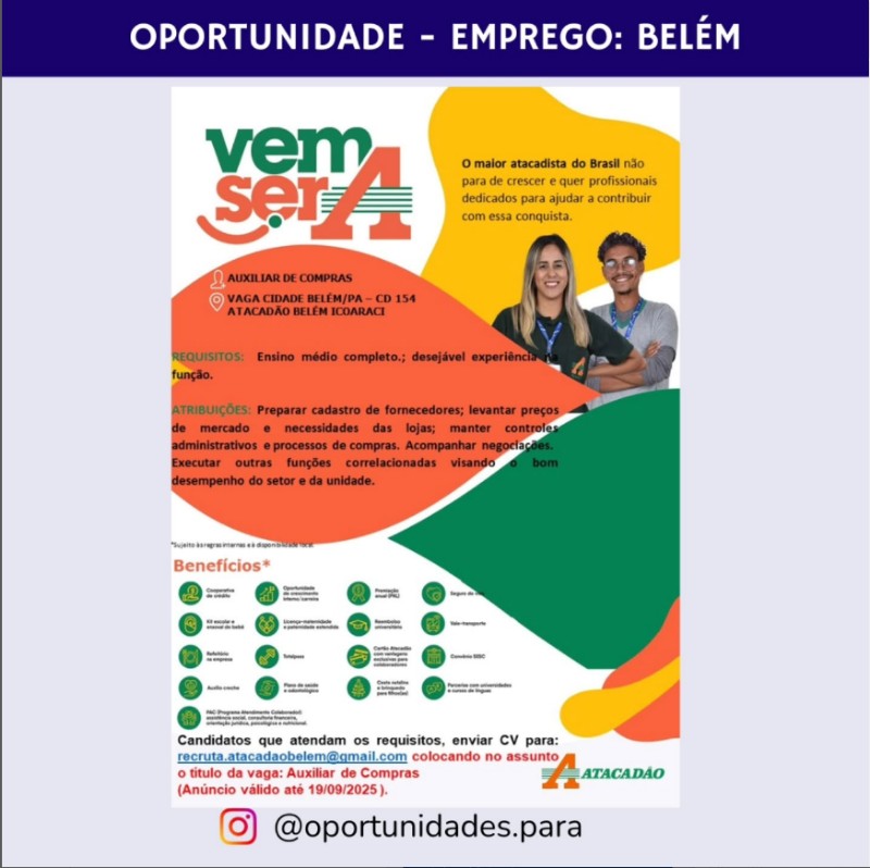1 Vaga de emprego para Auxiliar De Compras na empresa ATACADÃO em 18/09