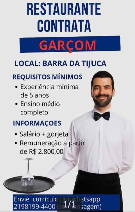 1 Vaga de emprego para Garçom na empresa Restaurante Barra da Tijuca em 23/09