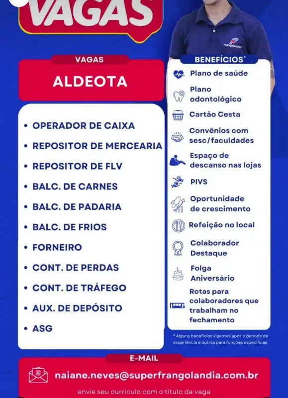 11 Vagas de emprego para Operador De Caixa, Repositor De Mercearia, Balconista, Forneiro, Controle De Perdas E Tráfego, Auxiliar De Depósito, Asg na empresa Super Frangolândia em 08/09
