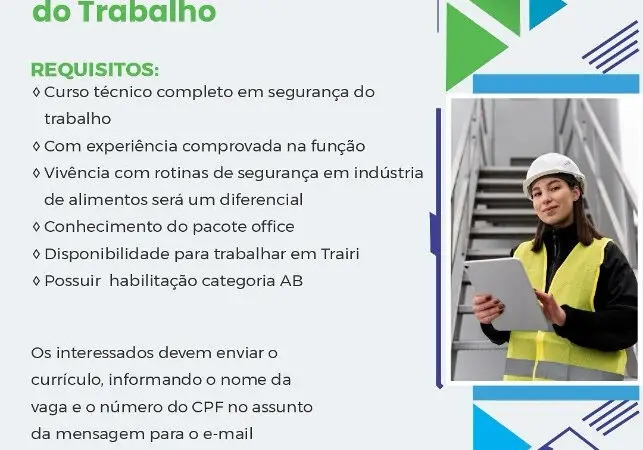 1 Vaga de emprego para Técnico Segurança Do Trabalho no segmento de segurança do trabalho em 11/09