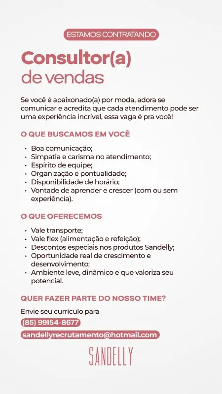 1 Vaga de emprego para Consultor De Vendas na empresa Sandelly em 11/09