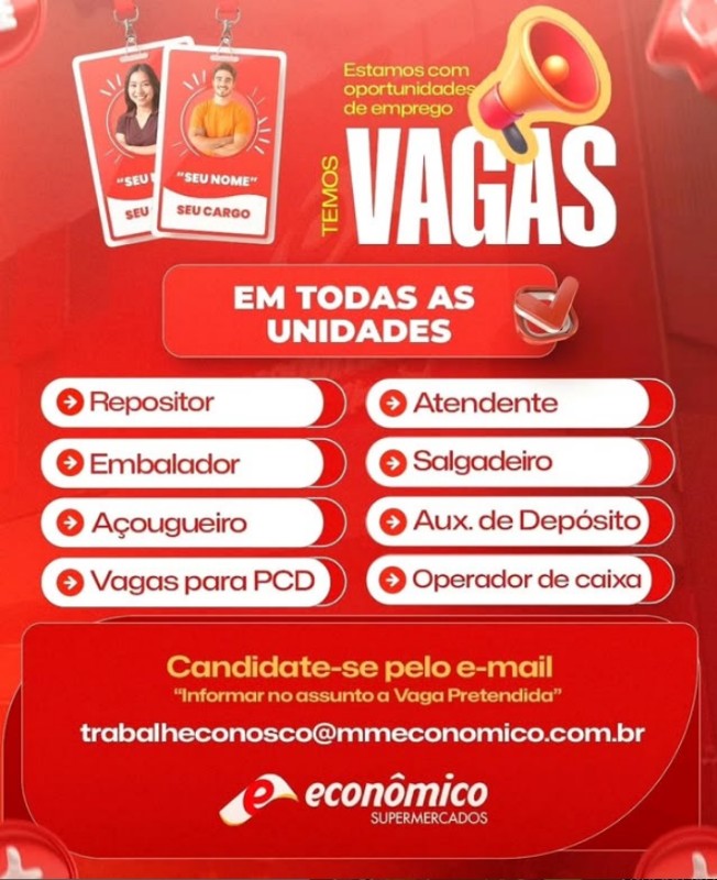 1 Vaga de emprego para Repositor, Embalador, Açougueiro, Atendente, Salgadueiro, Auxiliar De Deposito na empresa ECONOMICO em 18/09