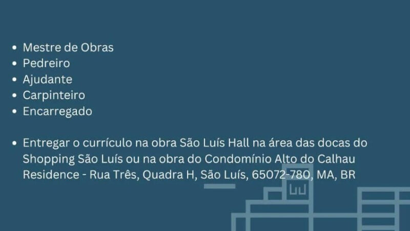 5 Vagas de emprego para Mestre De Obras, Pedreiro, Ajudante, Carpinteiro, Encarregado na empresa Eduardo Cardoso Engenharia em 12/09
