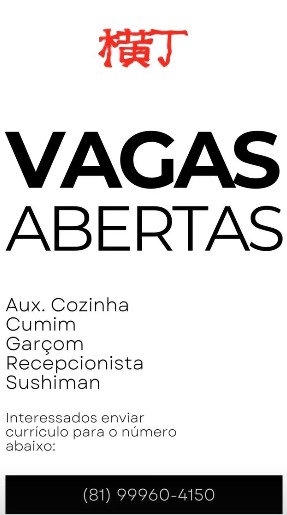 5 Vagas de emprego para Auxiliar De Cozinha, Cumim, Garçom, Recepcionista, Sushiman na empresa Restaurante Yococho em 25/09