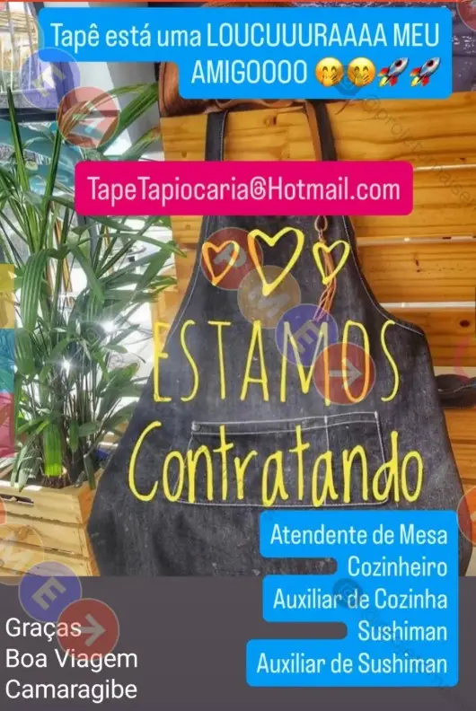 5 Vagas de emprego para Atendente De Mesa, Cozinheiro, Auxiliar De Cozinha, Sushiman, Auxiliar De Sushiman na empresa Tapê Tapiocaria em 10/09