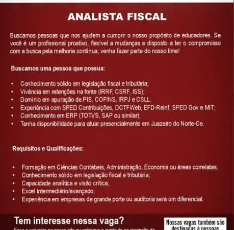 1 Vaga de emprego para Analista Fiscal na empresa Colégio Paraíso em 10/09