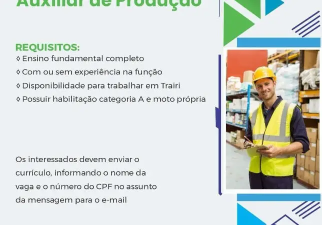 1 Vaga de emprego para Auxiliar De Produção sem experiência no segmento de serviços em 11/09