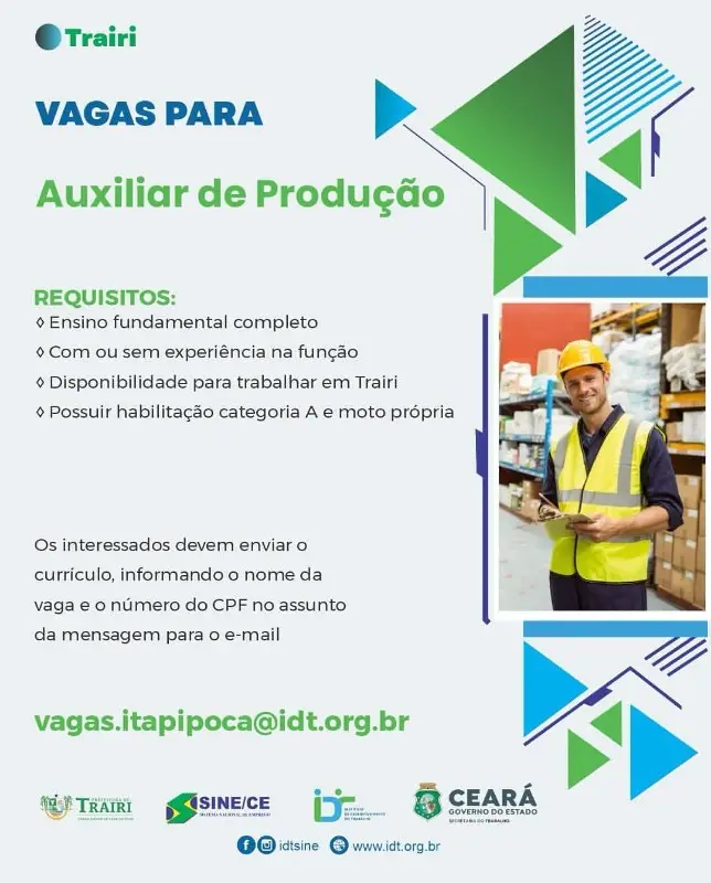 1 Vaga de emprego para Auxiliar De Produção sem experiência no segmento de serviços em 11/09