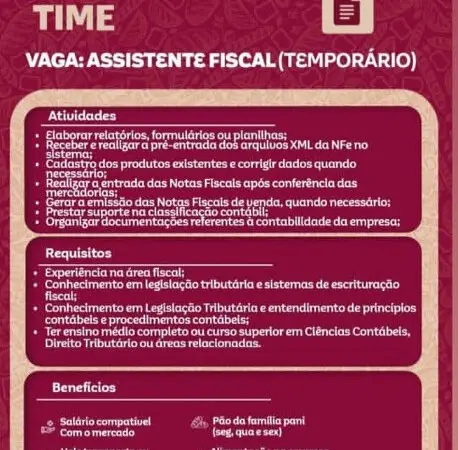 1 Vaga de emprego para Assistente Fiscal na empresa PaniFátima em 12/09
