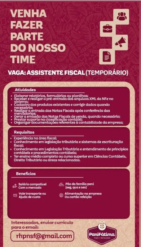 1 Vaga de emprego para Assistente Fiscal na empresa PaniFátima em 12/09