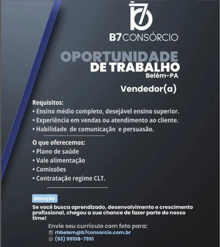 1 Vaga de emprego para Vendedor na empresa B7 Consorcio em 30/09