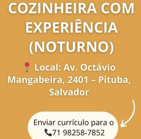 1 Vaga de emprego para Cozinheira no Bairro Pituba / Salvador em 06/09