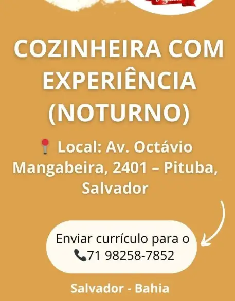 1 Vaga de emprego para Cozinheira no Bairro Pituba / Salvador em 06/09