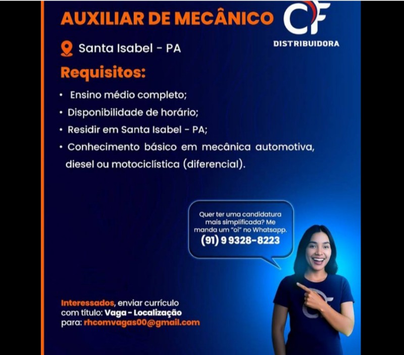 1 Vaga de emprego para Auxiliar De Mecanico na empresa CF Distribuidora em 19/09