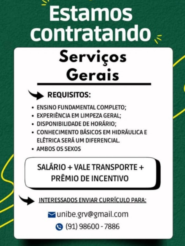 1 Vaga de emprego para Serviços Gerais na empresa Unibe GRV em 30/09