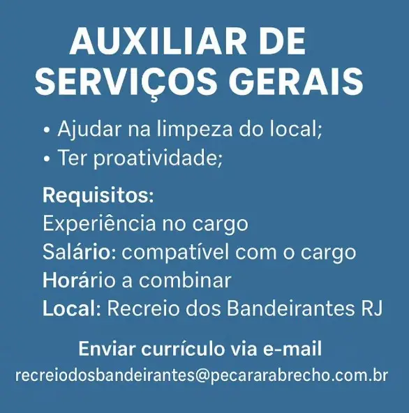 1 Vaga de emprego para Auxiliar De Serviços Gerais na empresa Peça Rara Brechó em 06/09