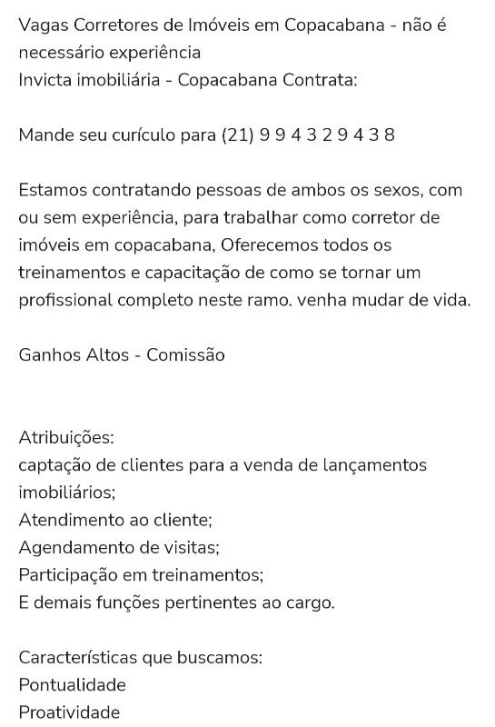 1 Vaga de emprego para Corretor De Imóveis sem experiência na empresa Invicta Imobiliária Copacabana em 23/09