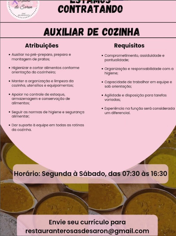 1 Vaga de emprego para Auxiliar De Cozinha na empresa RESTAURANTE ROSA DE SARON em 27/09