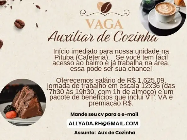 1 Vaga de emprego para Auxiliar De Cozinha na empresa Allyada RH em 06/09